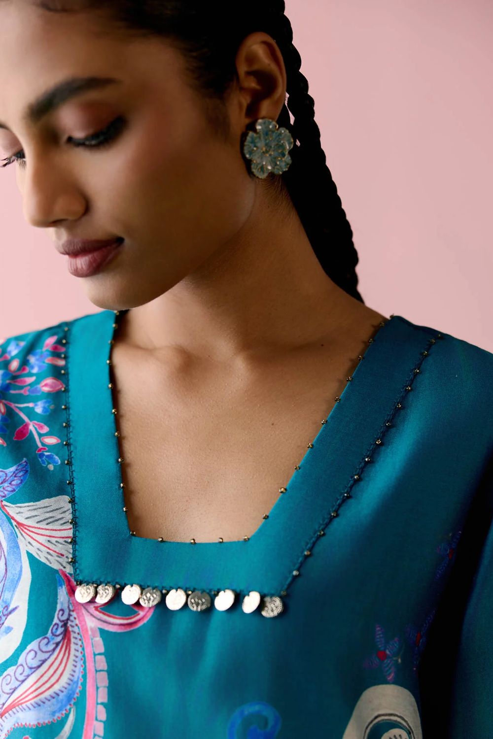 Teal Paisley Square Neck Kurta Set