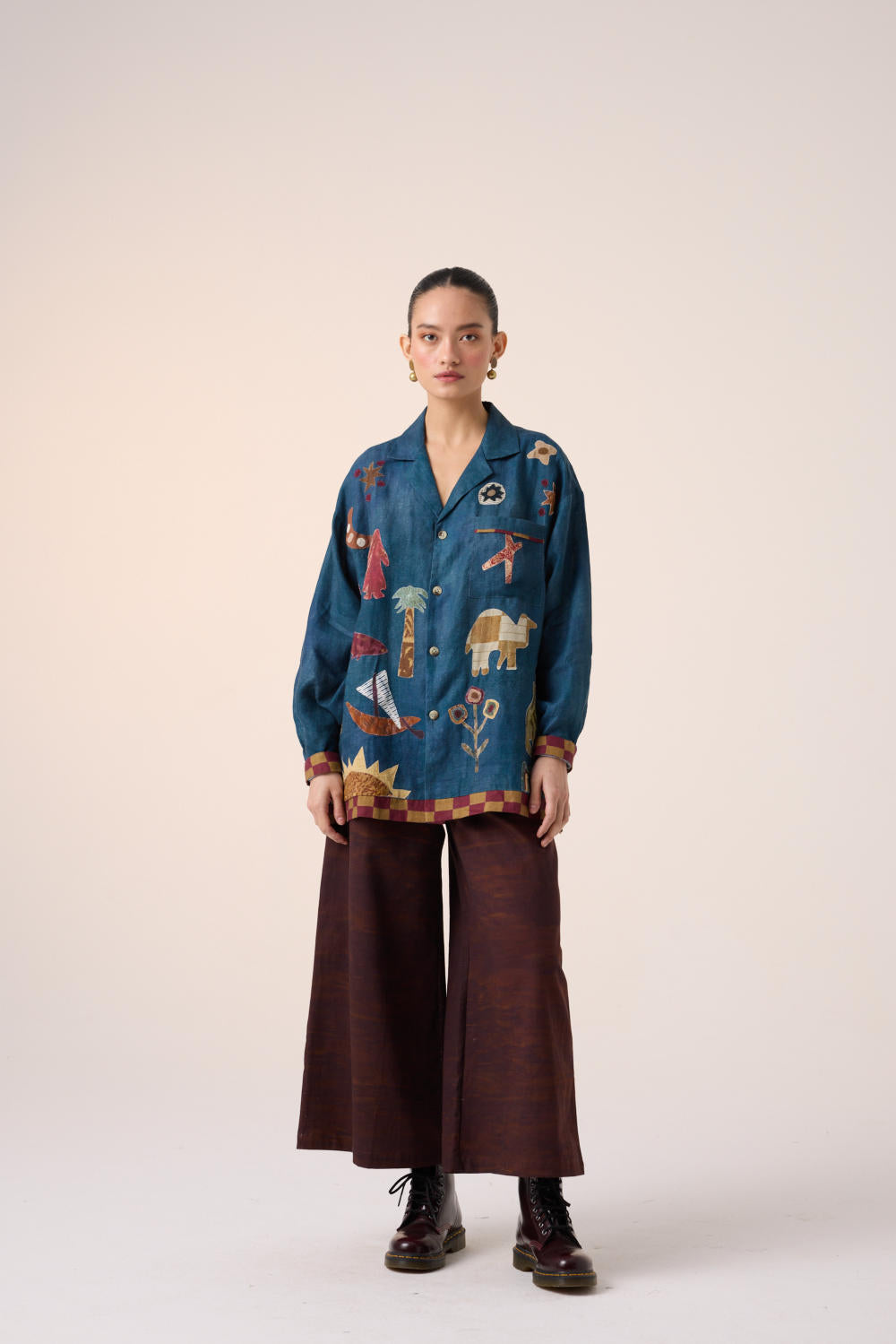 UNISEX OVERSIZED SHIRT-DARK BLUE JUNGLE APPLIQUE