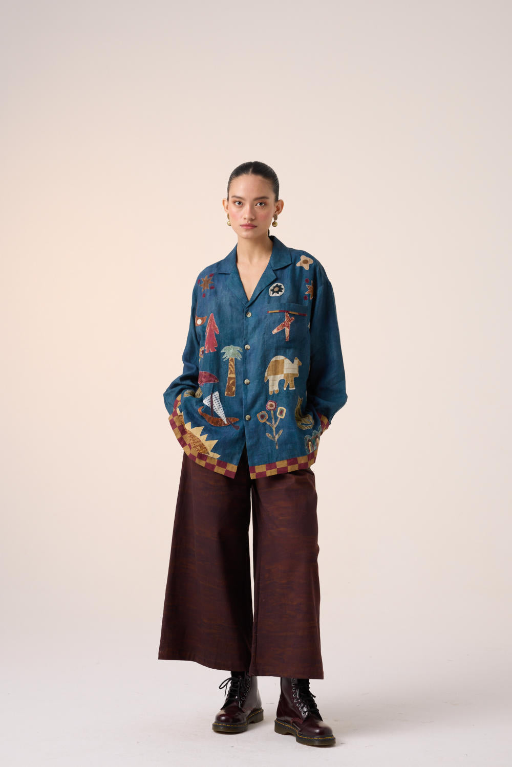 UNISEX OVERSIZED SHIRT-DARK BLUE JUNGLE APPLIQUE