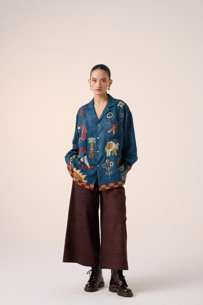 UNISEX OVERSIZED SHIRT-DARK BLUE JUNGLE APPLIQUE