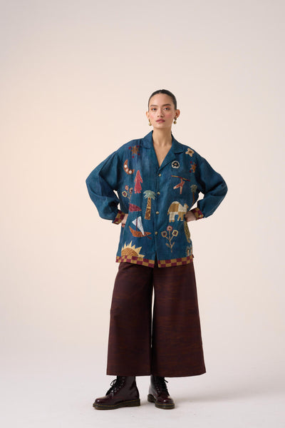 UNISEX OVERSIZED SHIRT-DARK BLUE JUNGLE APPLIQUE