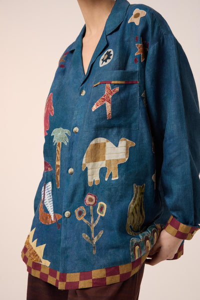 UNISEX OVERSIZED SHIRT-DARK BLUE JUNGLE APPLIQUE