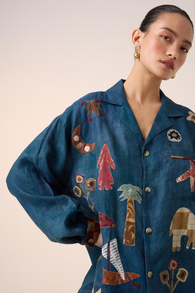 UNISEX OVERSIZED SHIRT-DARK BLUE JUNGLE APPLIQUE