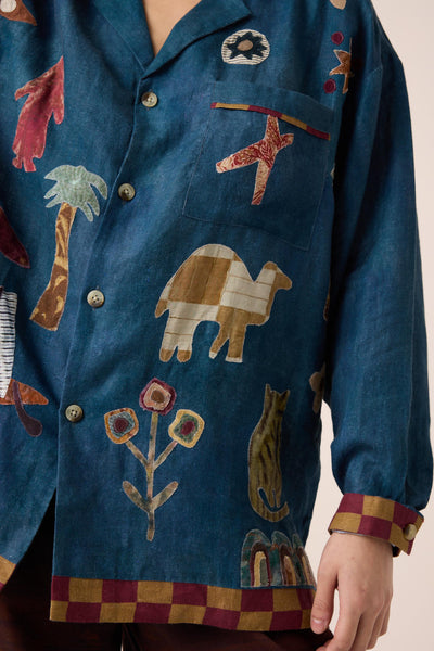 UNISEX OVERSIZED SHIRT-DARK BLUE JUNGLE APPLIQUE