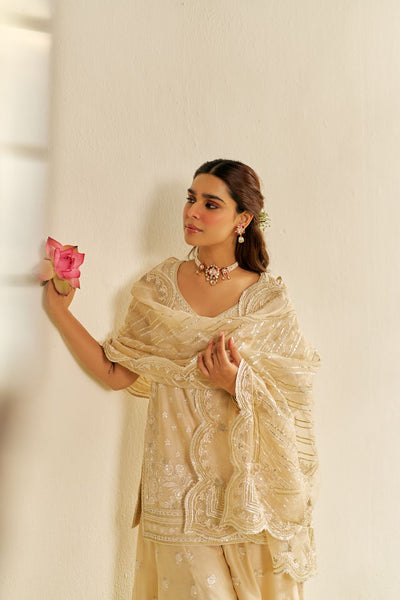 Sameeha - Short Kurta With Sharara And Dupatta-Beige
