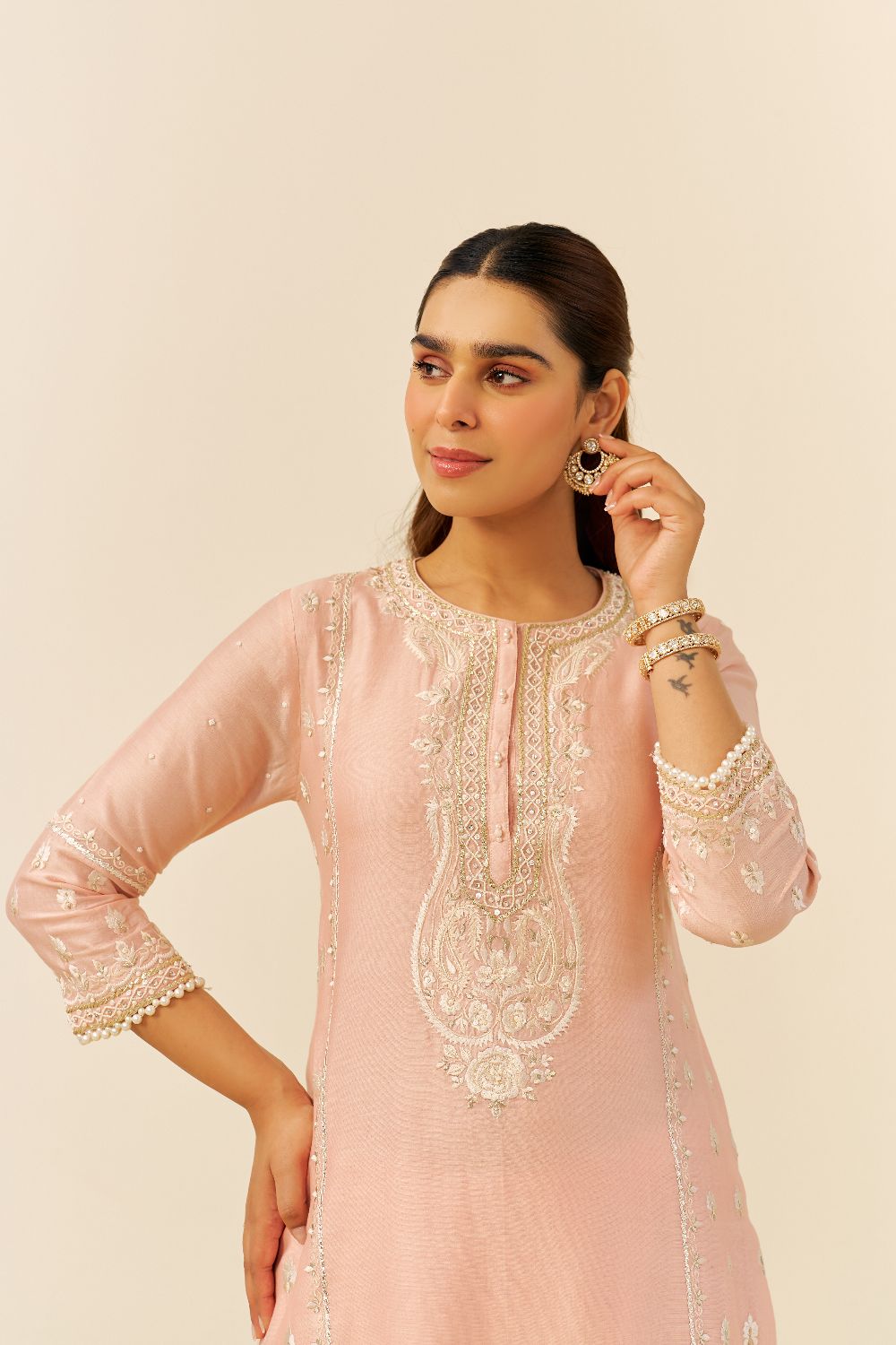Zahra - Short Kurta With Dhoti-Off Rose