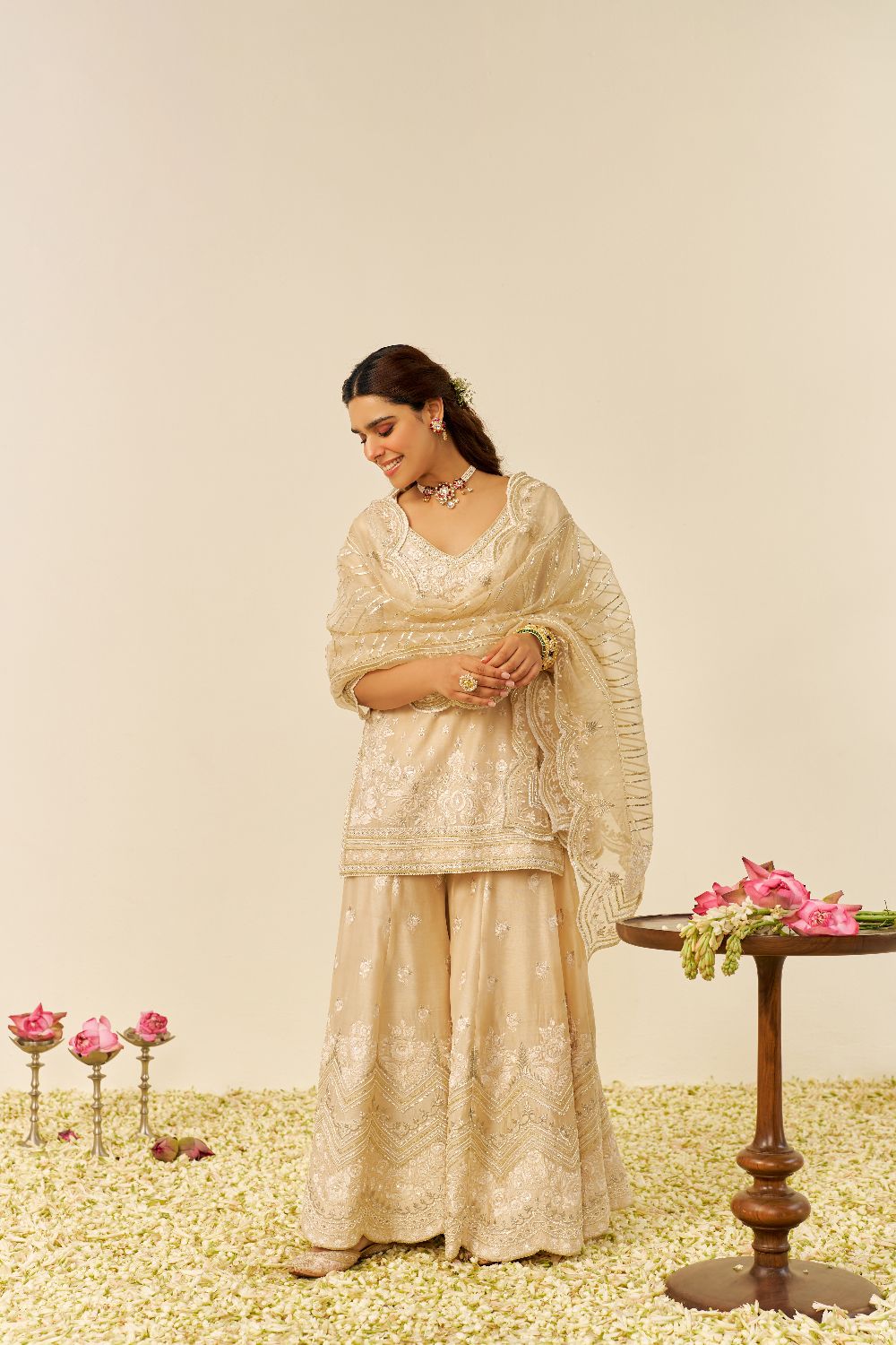 Sameeha - Short Kurta With Sharara And Dupatta-Beige