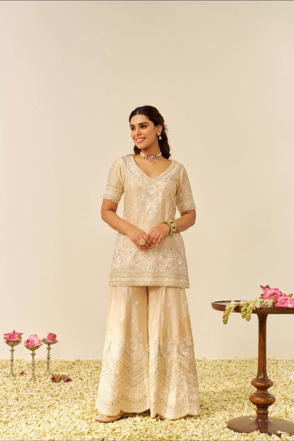 Sameeha - Short Kurta With Sharara And Dupatta-Beige
