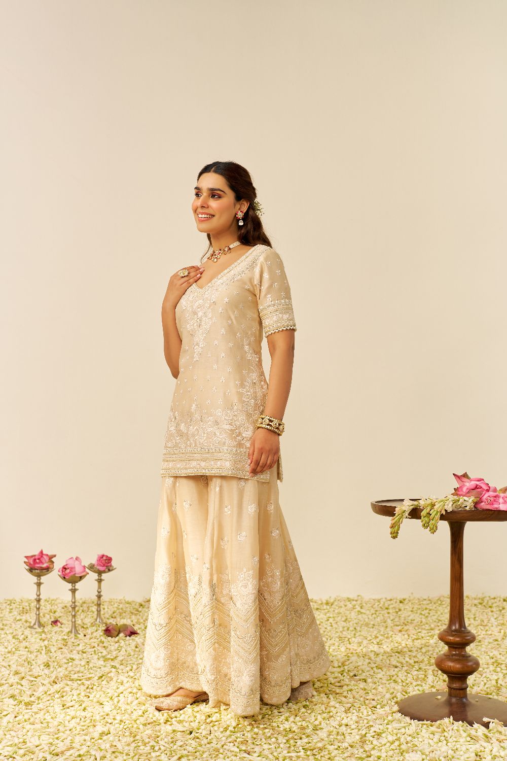 Sameeha - Short Kurta With Sharara And Dupatta-Beige
