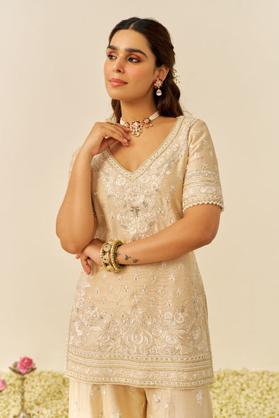 Sameeha - Short Kurta With Sharara And Dupatta-Beige