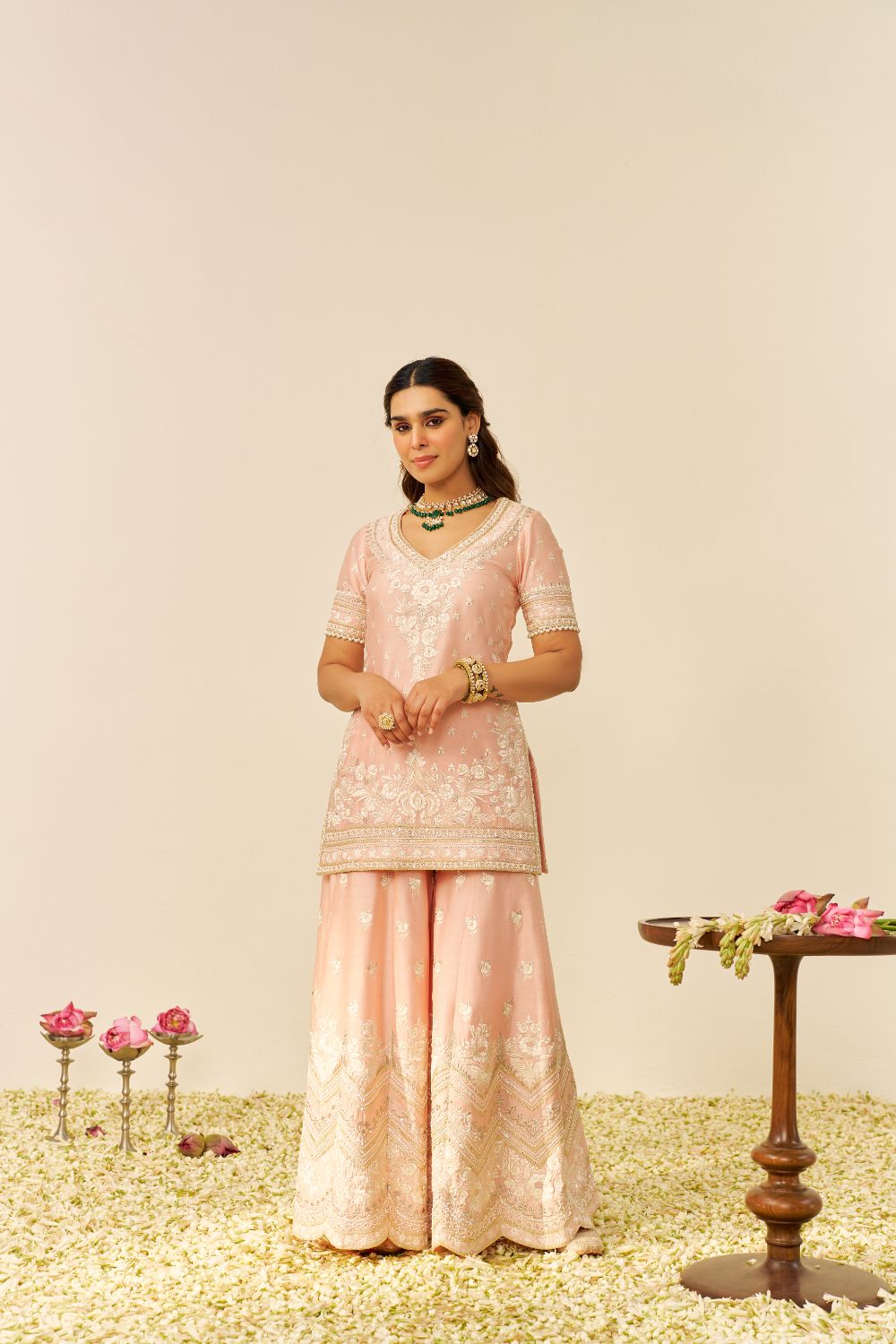 Sameeha - Short Kurta With Sharara And Dupatta-Off Rose