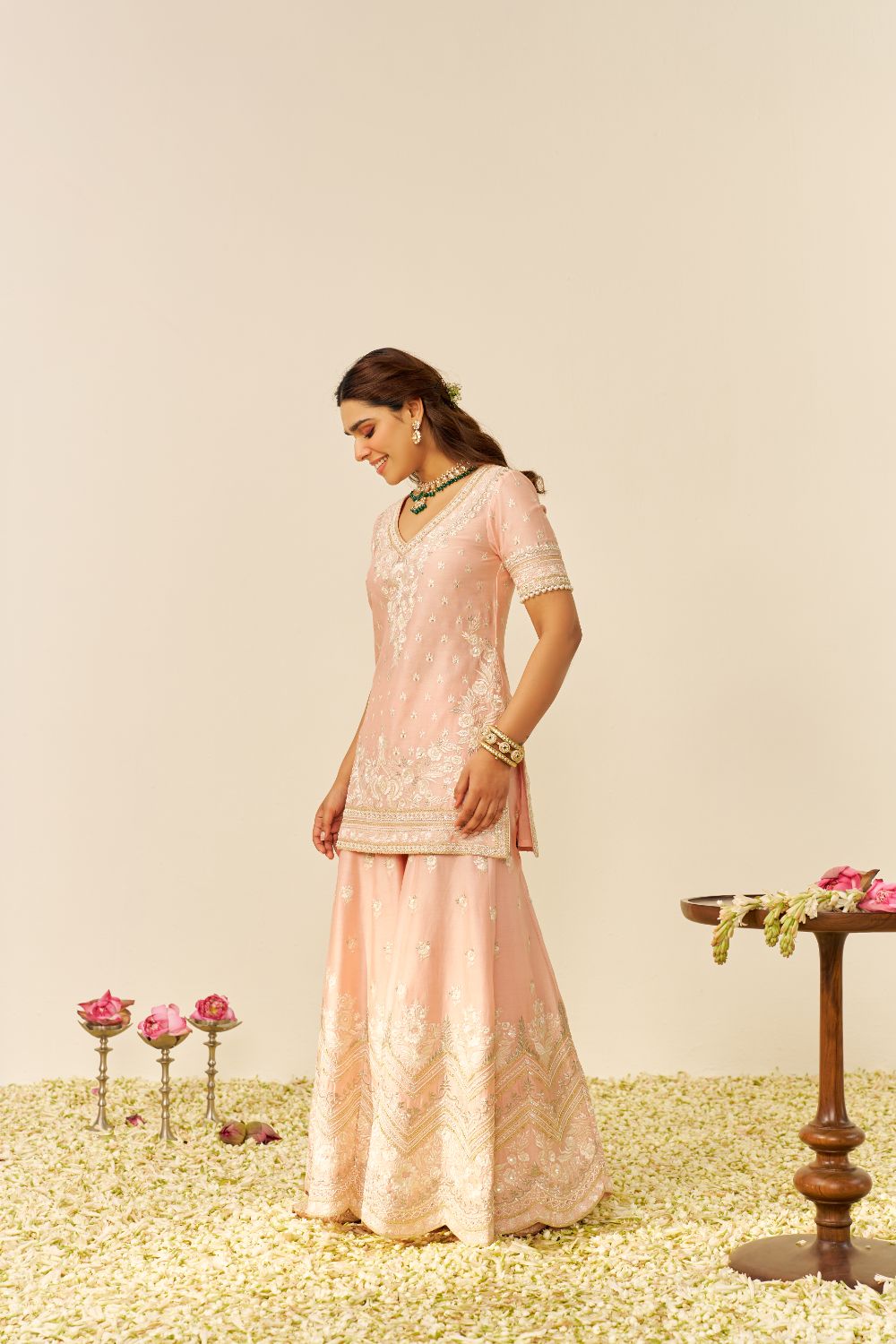 Sameeha - Short Kurta With Sharara And Dupatta-Off Rose