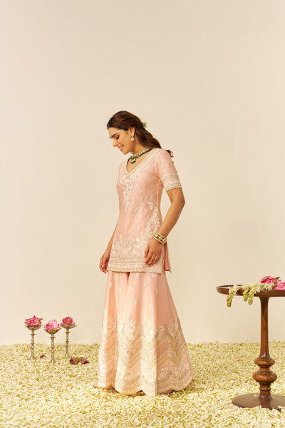 Sameeha - Short Kurta With Sharara And Dupatta-Off Rose