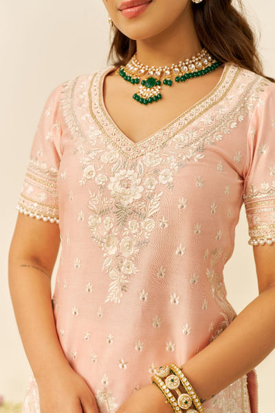 Sameeha - Short Kurta With Sharara And Dupatta-Off Rose