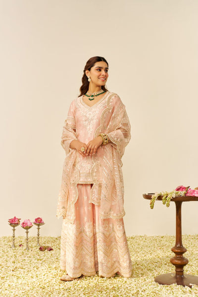 Sameeha - Short Kurta With Sharara And Dupatta-Off Rose