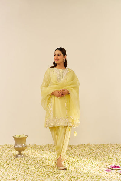 Zaisha - Short Kurta With Dhoti-Lemon Yellow