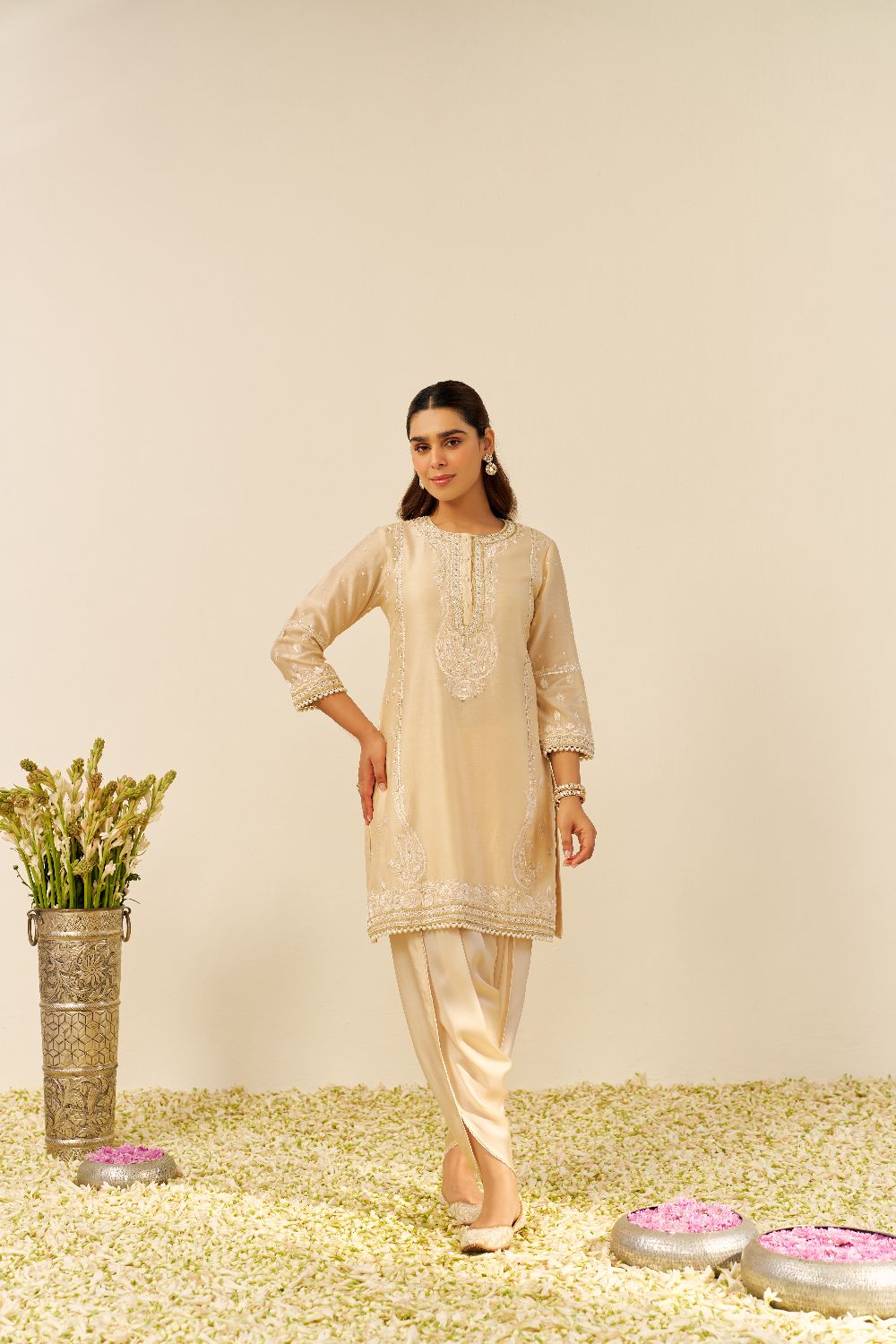 Zahra - Short Kurta With Dhoti-Beige