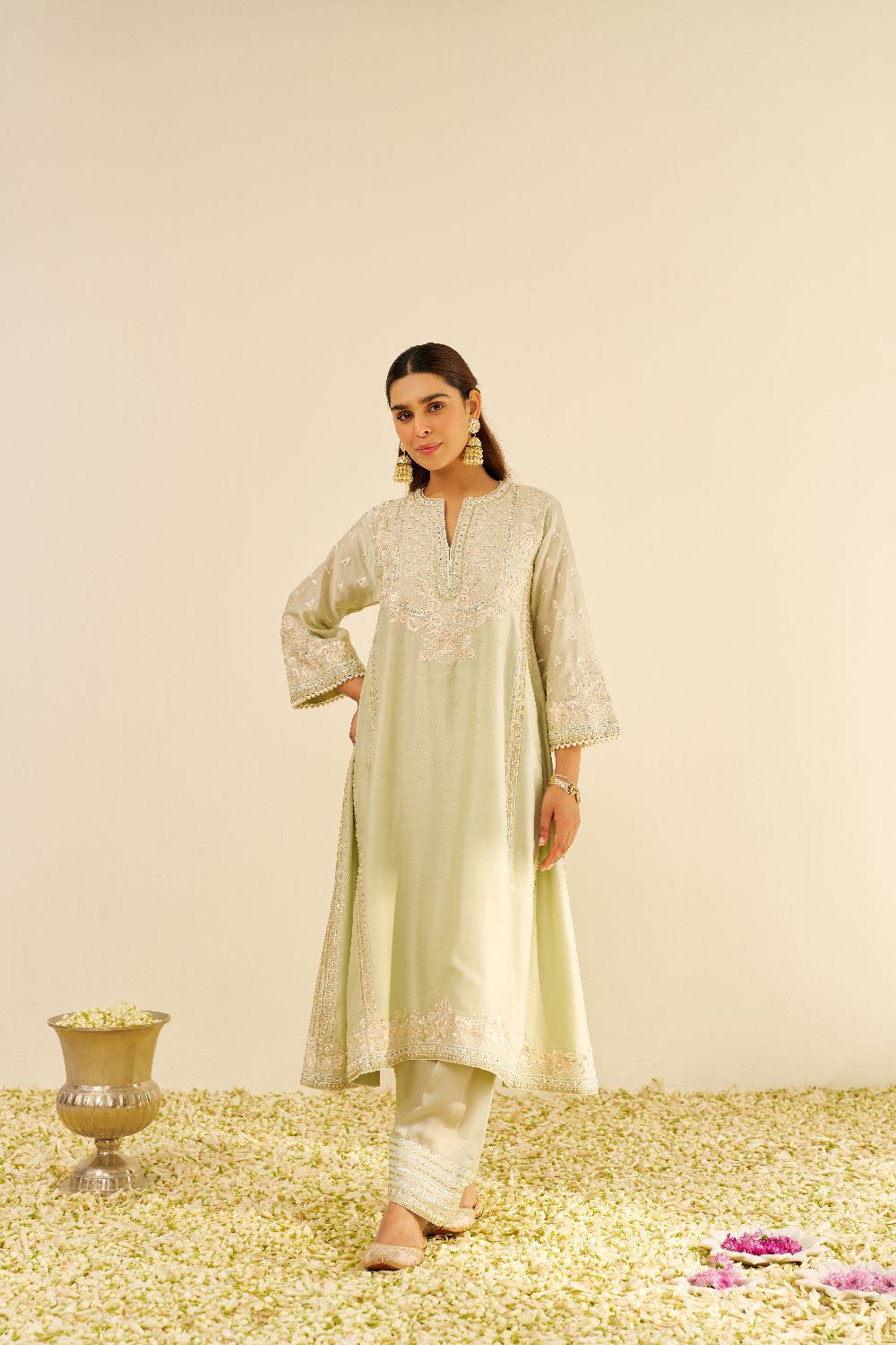 Maaroofa - Long Chauga With Salwar-Mint Green