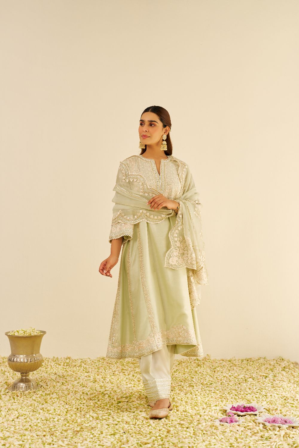 Maaroofa - Long Chauga With Salwar-Mint Green