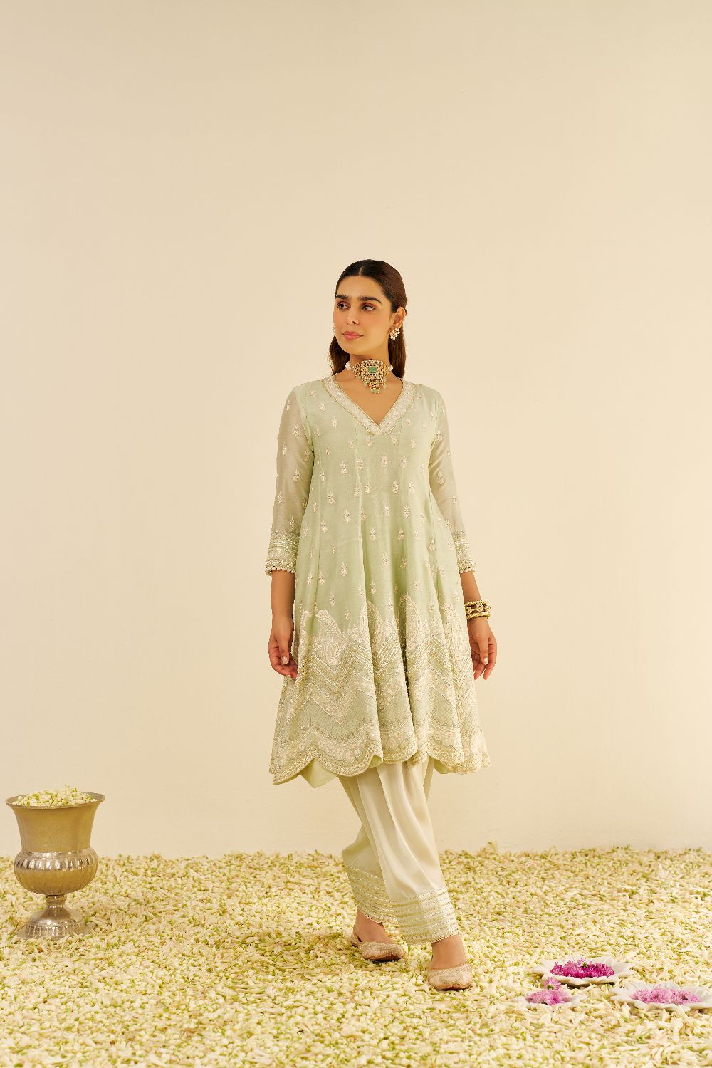 Meeram - Short Anarkali With Salwar And Dupatta-Mint Green