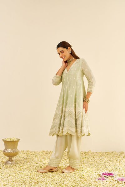 Meeram - Short Anarkali With Salwar And Dupatta-Mint Green