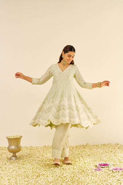 Meeram - Short Anarkali With Salwar And Dupatta-Mint Green