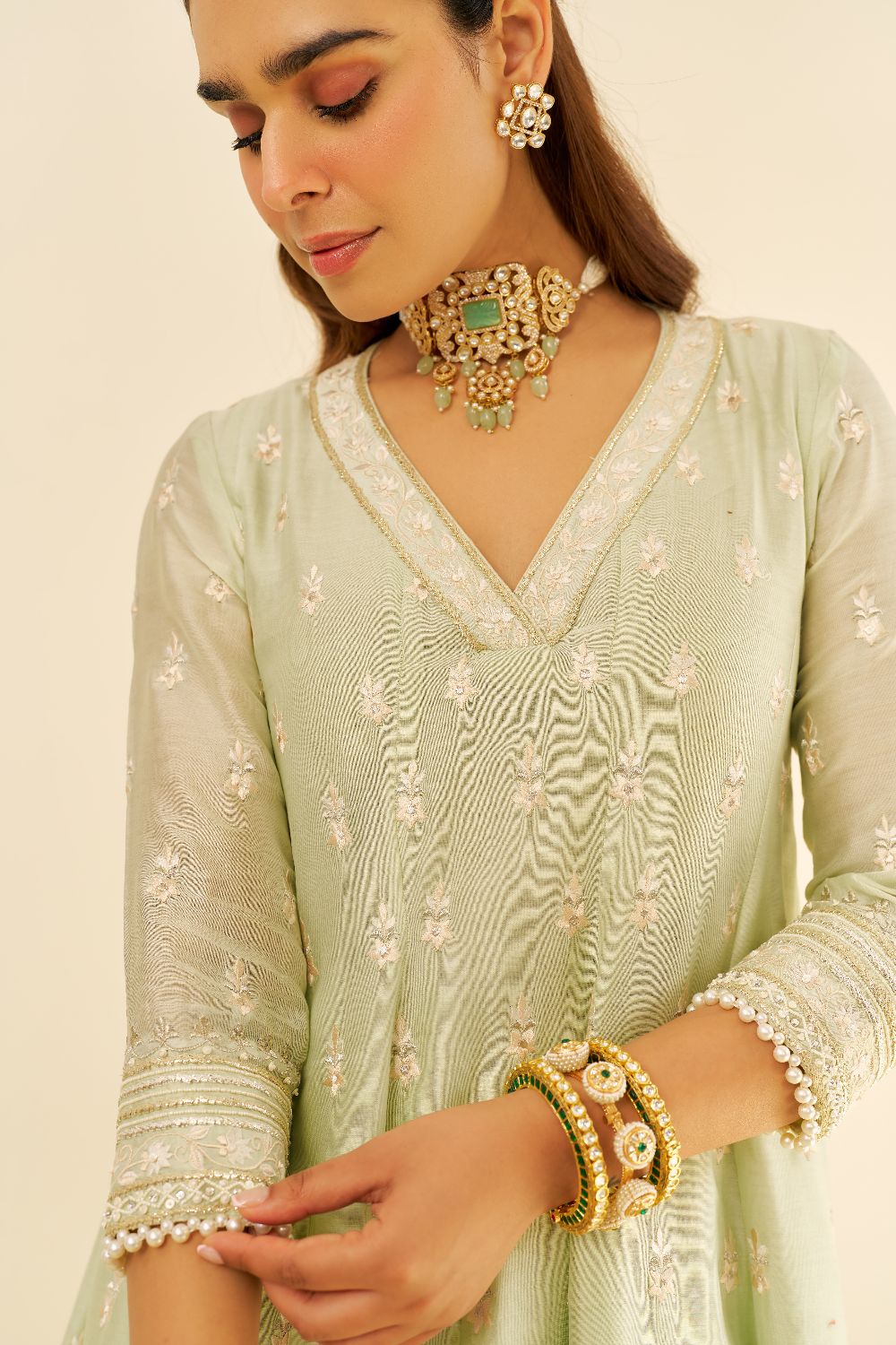 Meeram - Short Anarkali With Salwar And Dupatta-Mint Green