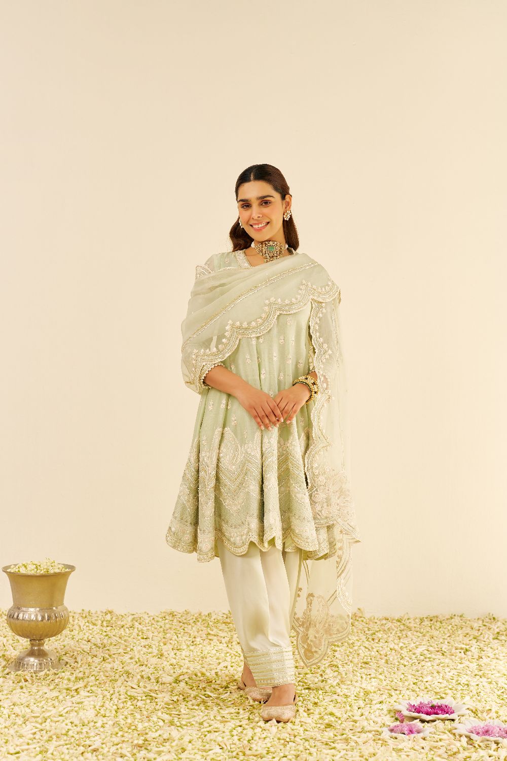 Meeram - Short Anarkali With Salwar And Dupatta-Mint Green
