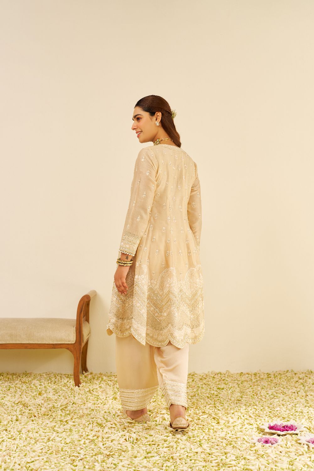 Meeram - Short Anarkali With Salwar And Dupatta-Beige