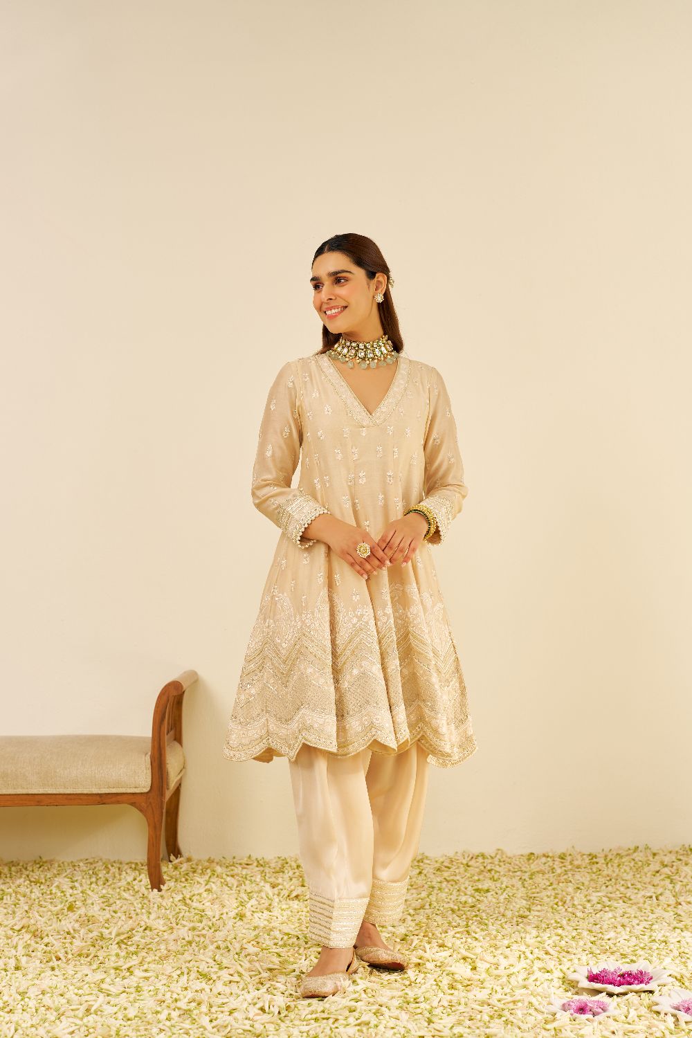 Meeram - Short Anarkali With Salwar And Dupatta-Beige