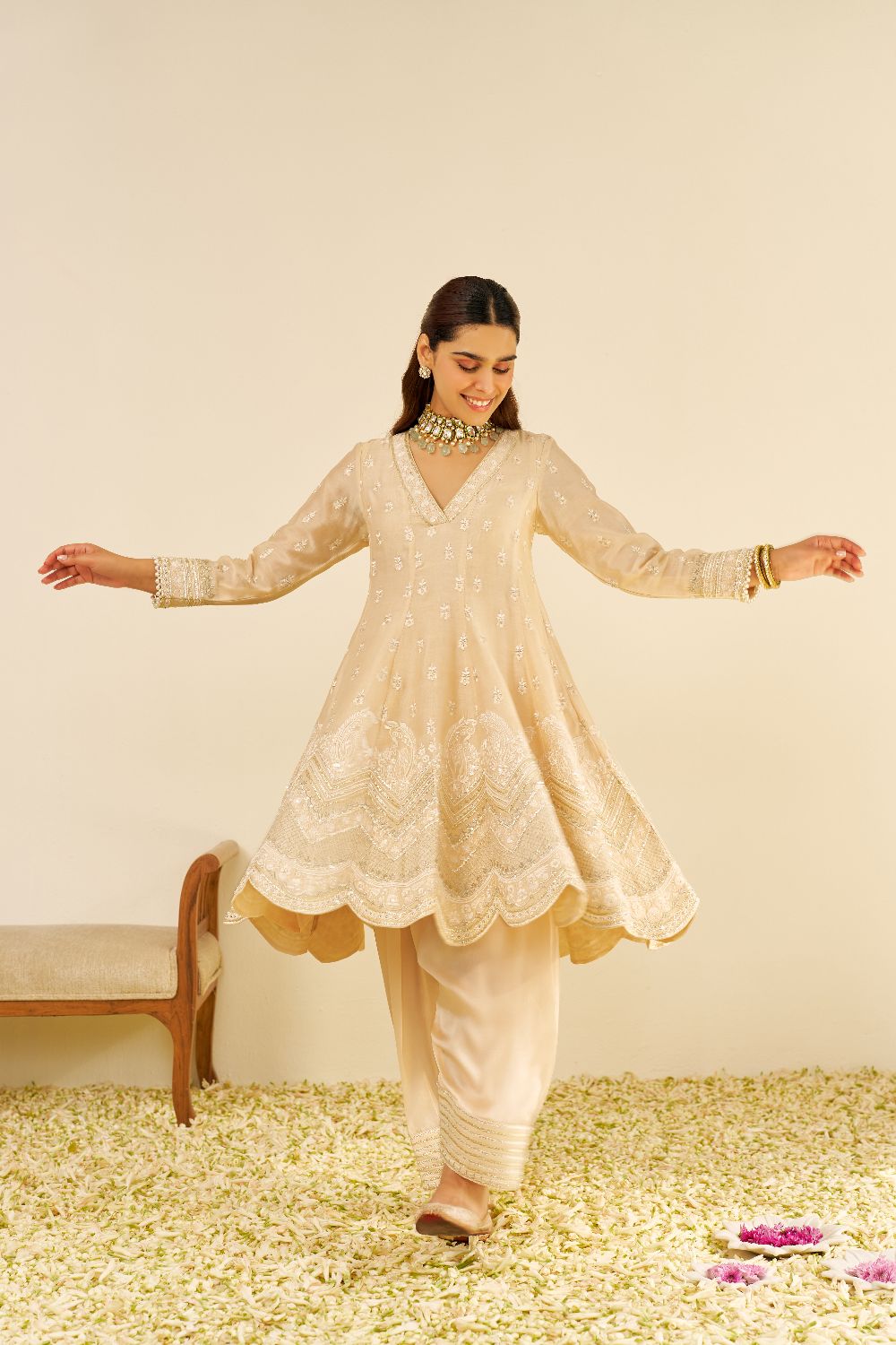 Meeram - Short Anarkali With Salwar And Dupatta-Beige