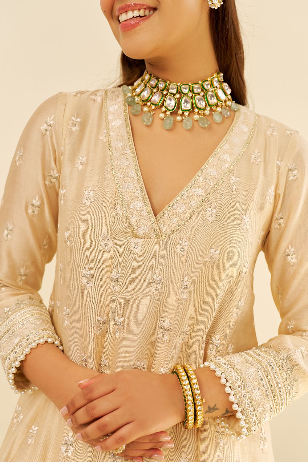 Meeram - Short Anarkali With Salwar And Dupatta-Beige