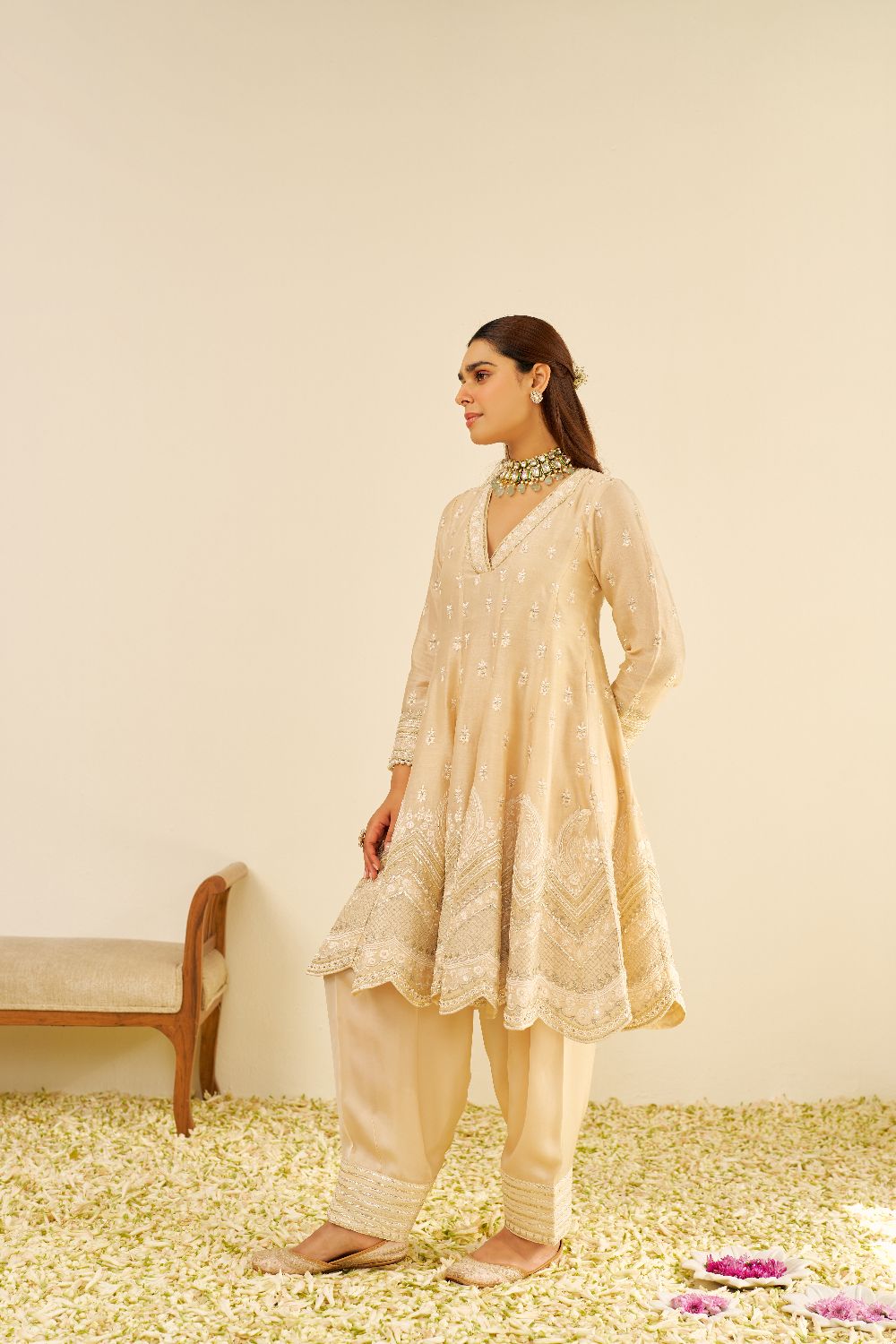 Meeram - Short Anarkali With Salwar And Dupatta-Beige