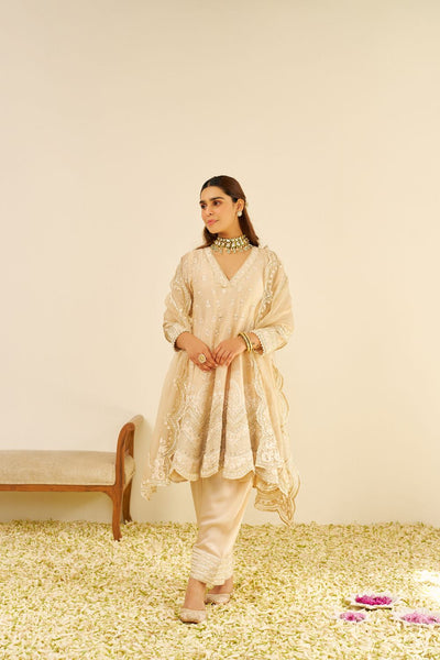 Meeram - Short Anarkali With Salwar And Dupatta-Beige