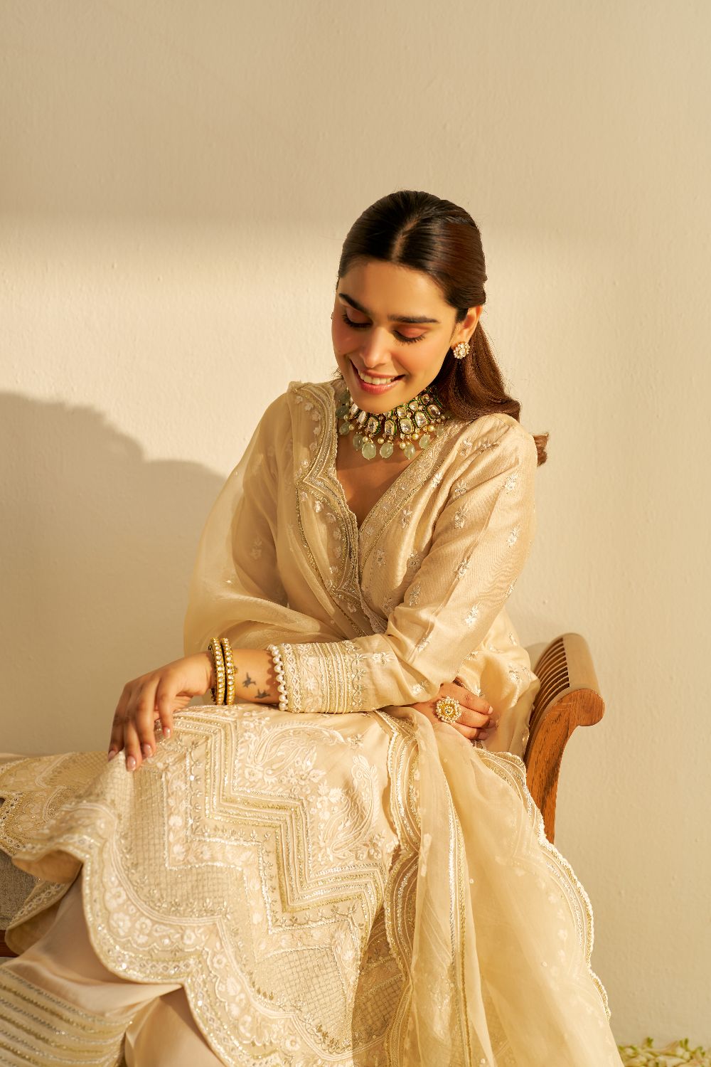 Meeram - Short Anarkali With Salwar And Dupatta-Beige