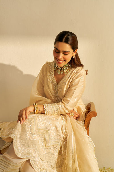 Meeram - Short Anarkali With Salwar And Dupatta-Beige