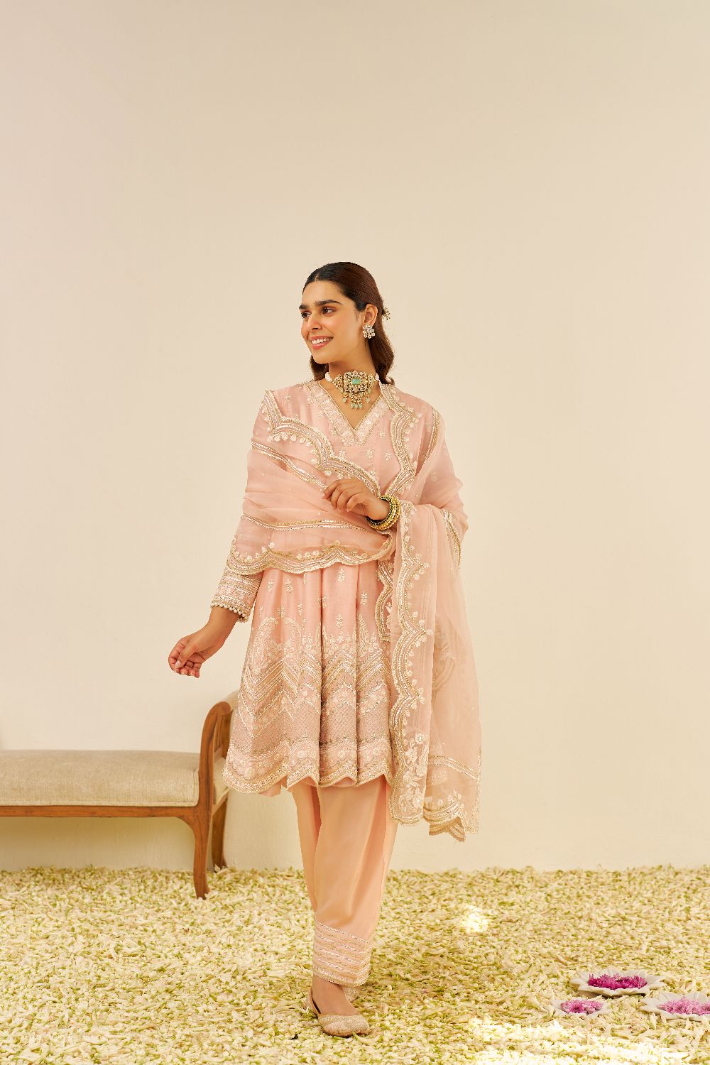 Meeram - Short Anarkali With Salwar And Dupatta-Off Rose