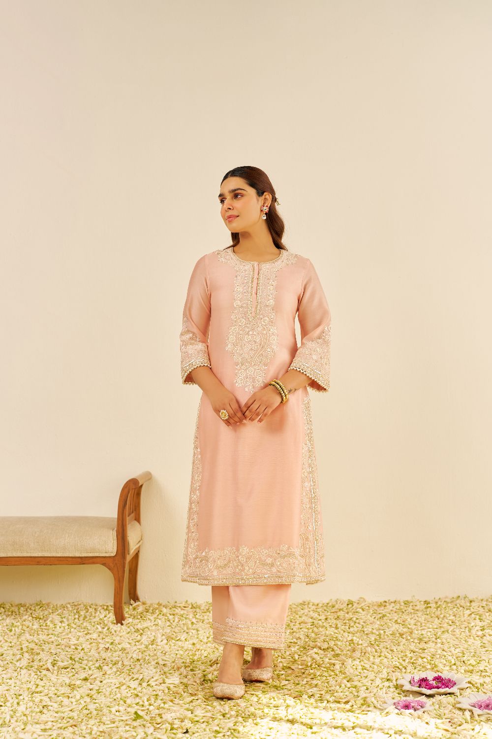 Sereen - A-Line Kurta With Palazzo And Dupatta-Off Rose
