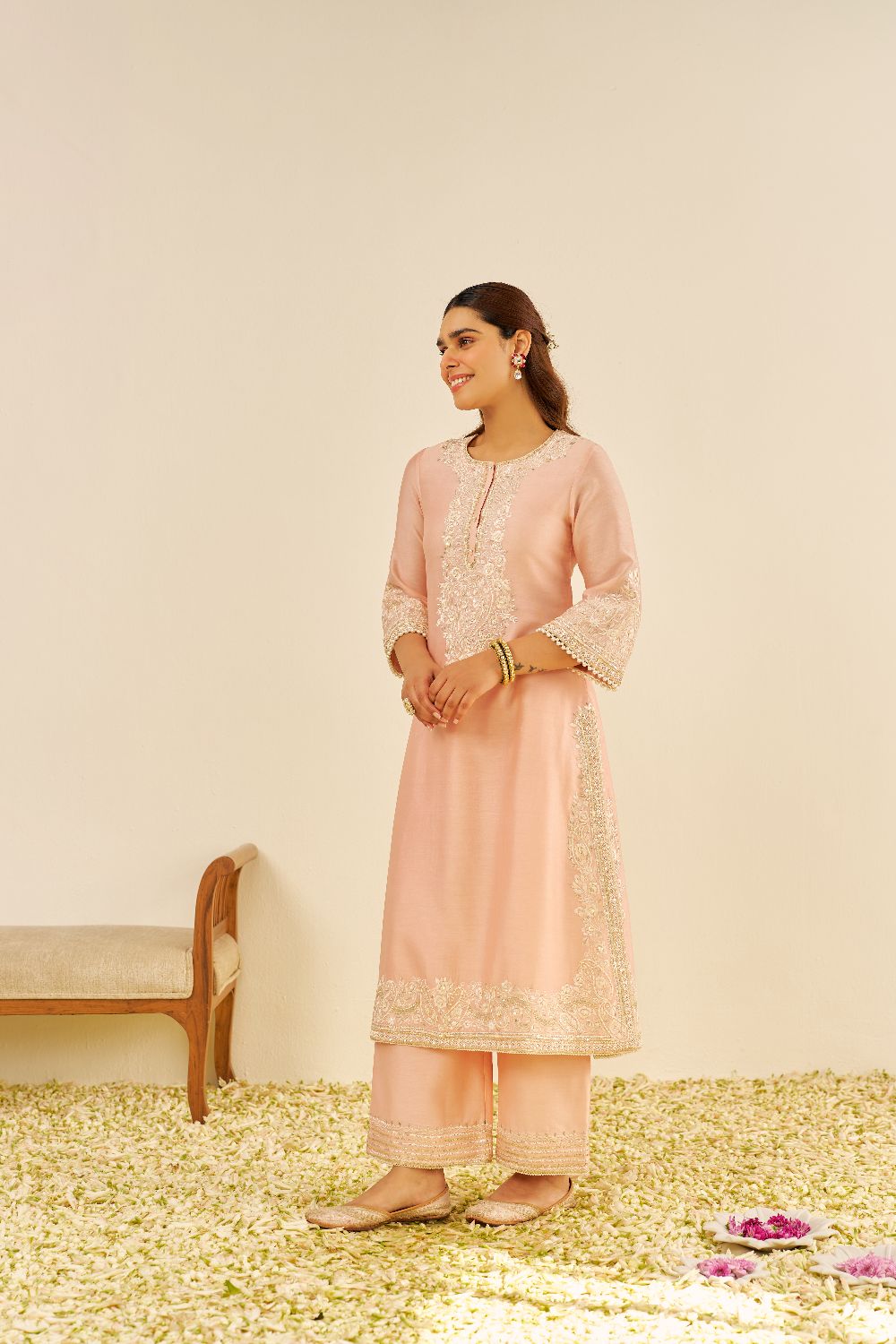 Sereen - A-Line Kurta With Palazzo And Dupatta-Off Rose