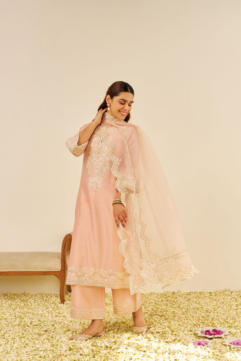 Sereen - A-Line Kurta With Palazzo And Dupatta-Off Rose
