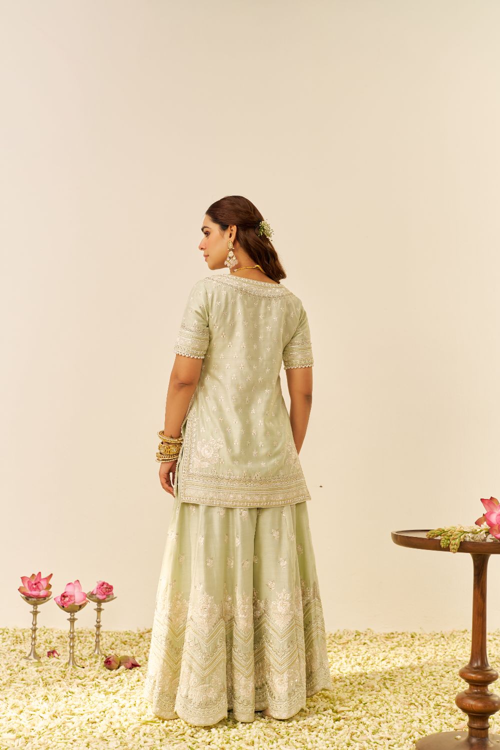 Sameeha - Short Kurta With Sharara And Dupatta-Mint Green