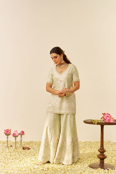 Sameeha - Short Kurta With Sharara And Dupatta-Mint Green