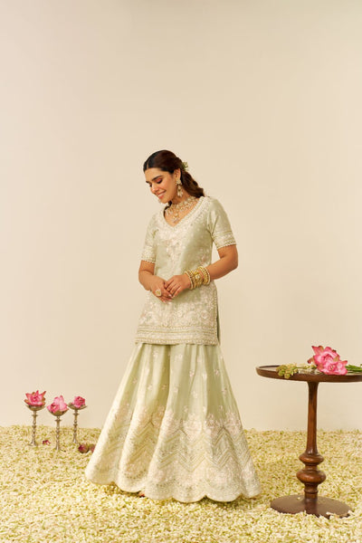 Sameeha - Short Kurta With Sharara And Dupatta-Mint Green