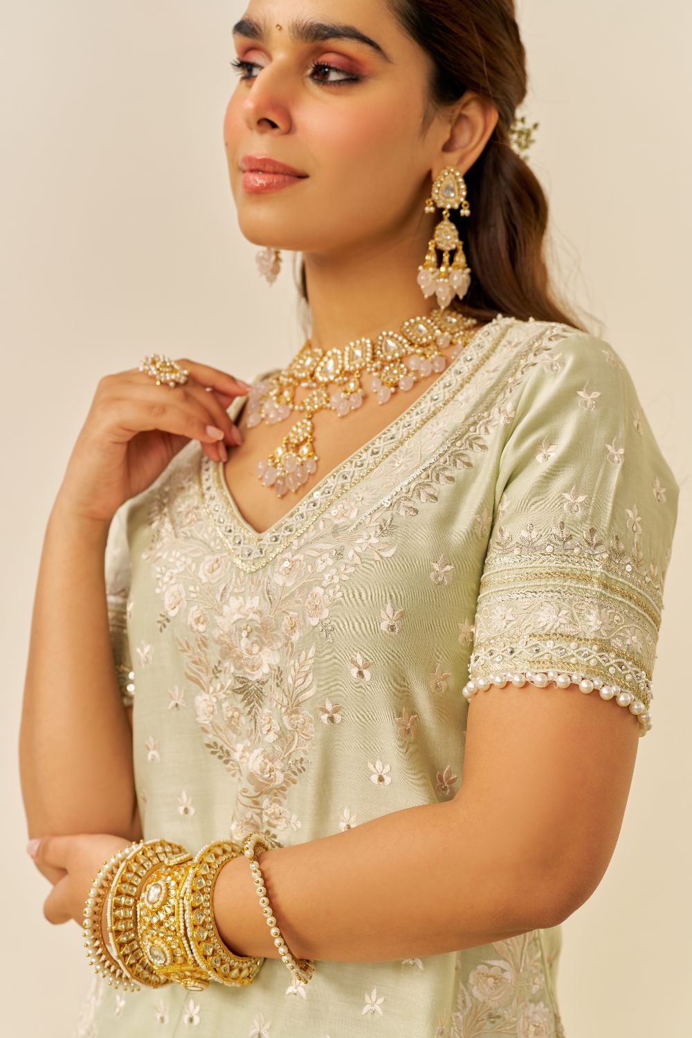 Sameeha - Short Kurta With Sharara And Dupatta-Mint Green