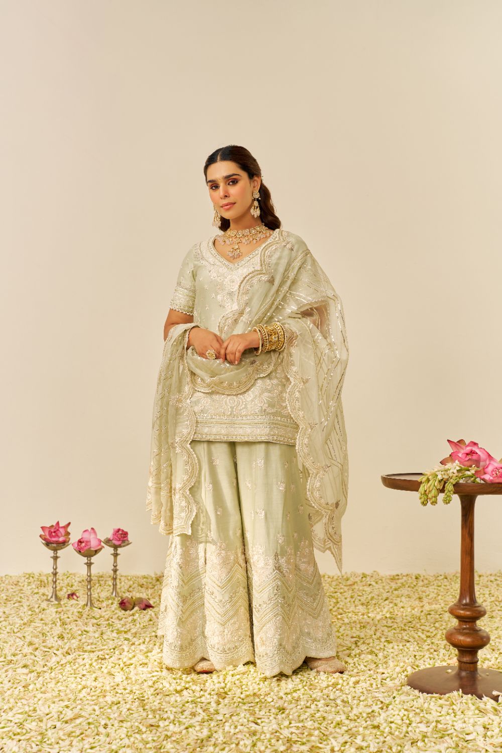 Sameeha - Short Kurta With Sharara And Dupatta-Mint Green