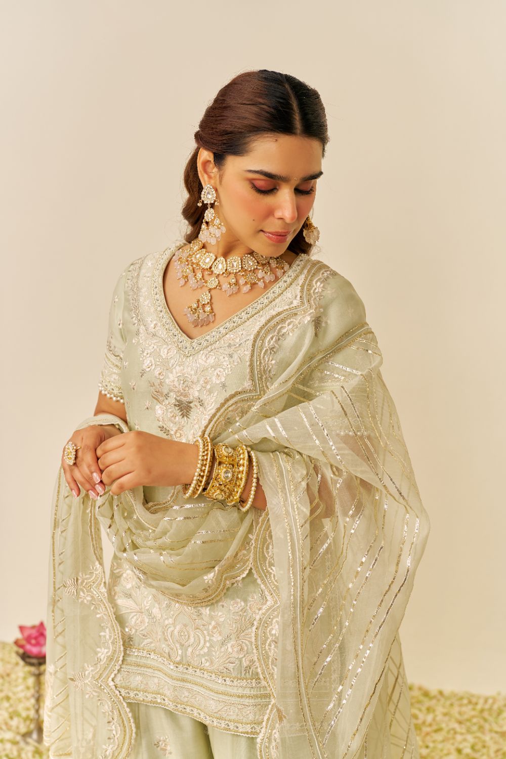Sameeha - Short Kurta With Sharara And Dupatta-Mint Green