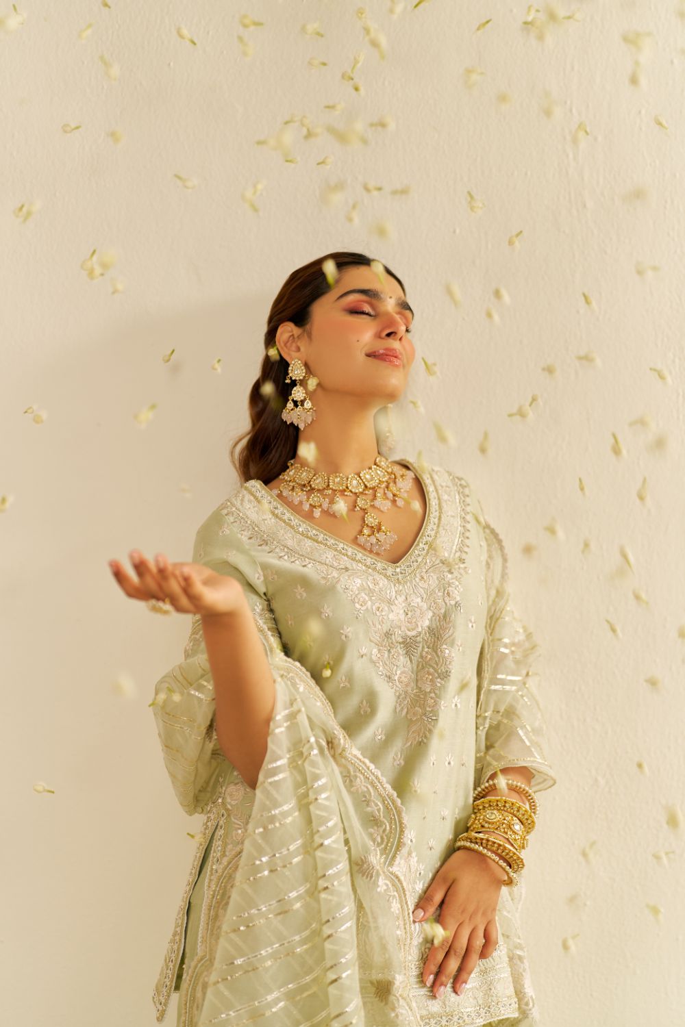 Sameeha - Short Kurta With Sharara And Dupatta-Mint Green