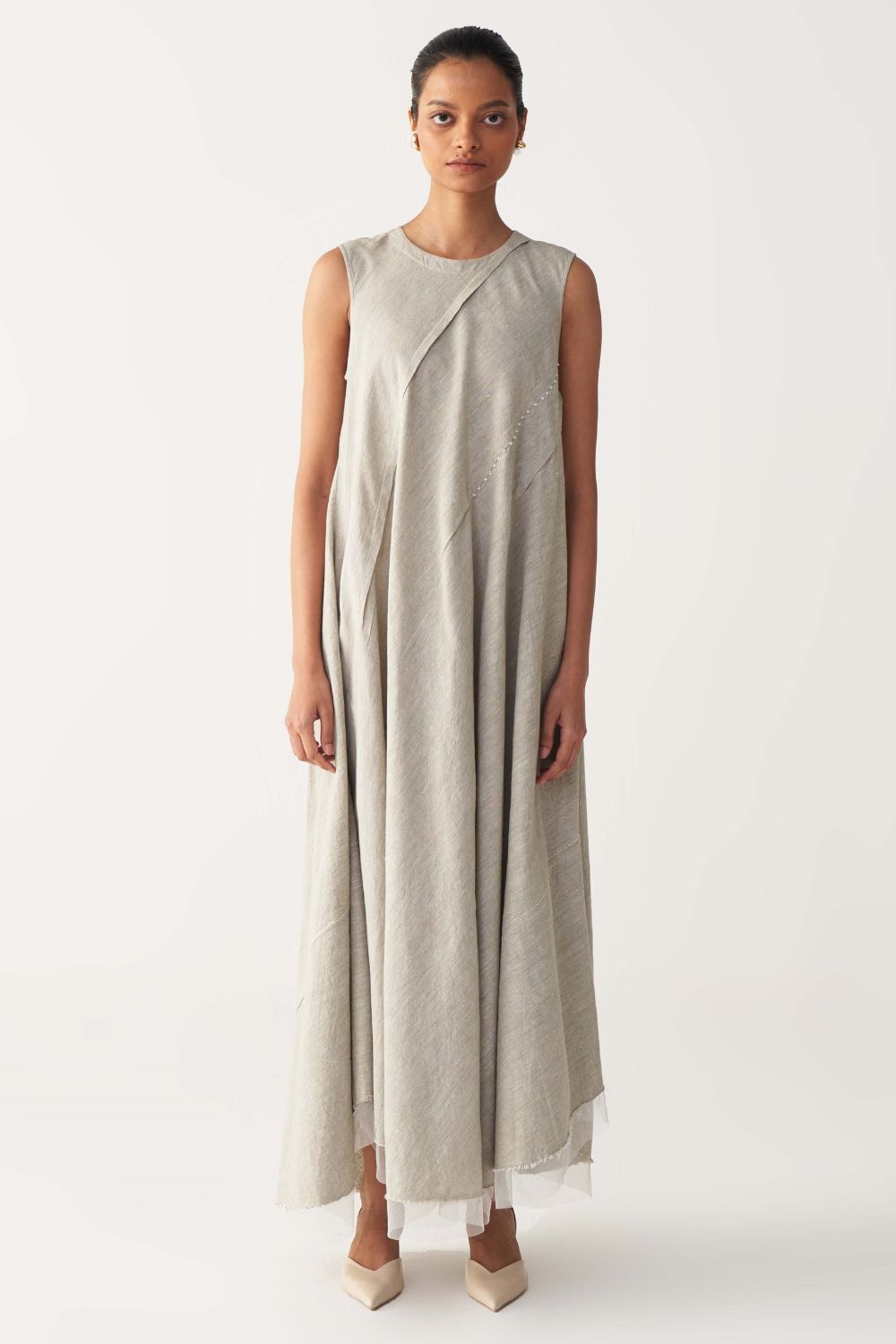 DIAGONAL PLEAT DRESS-BEIGE