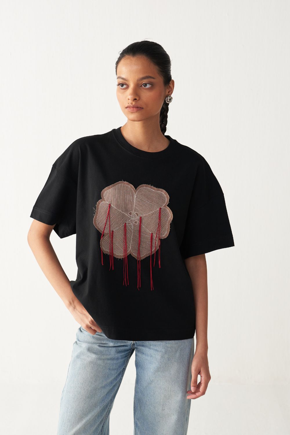 FLORAL FRINGE T-SHIRT+DENIM-BLACK