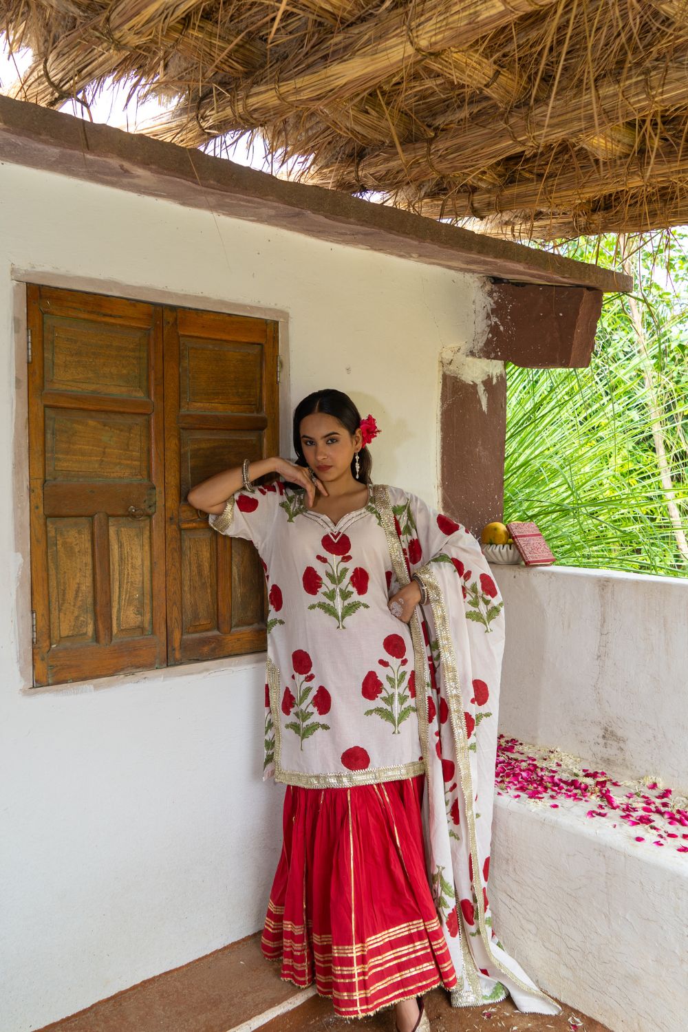 Saundh Red and White hand block printed mughal boota sharara set